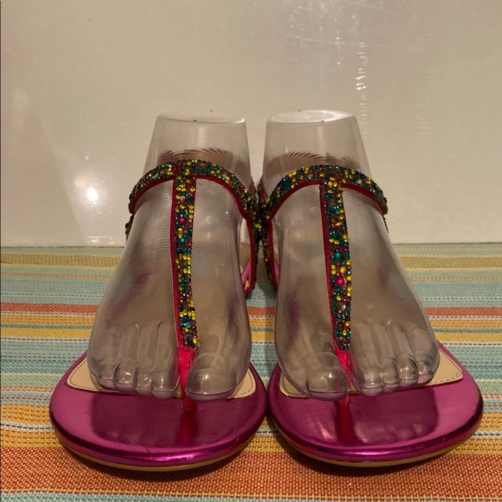 Betsey Johnson Pink and Blue Sandals with T-Strap Design